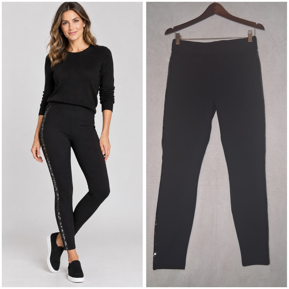 SPANX by Sara Blakely Leggings Sequin Side Trim Women's Size Medium Black Scuba